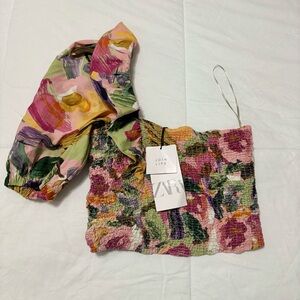 NEW ZARA Floral Multicolor One Shoulder Scrunched Crop Top